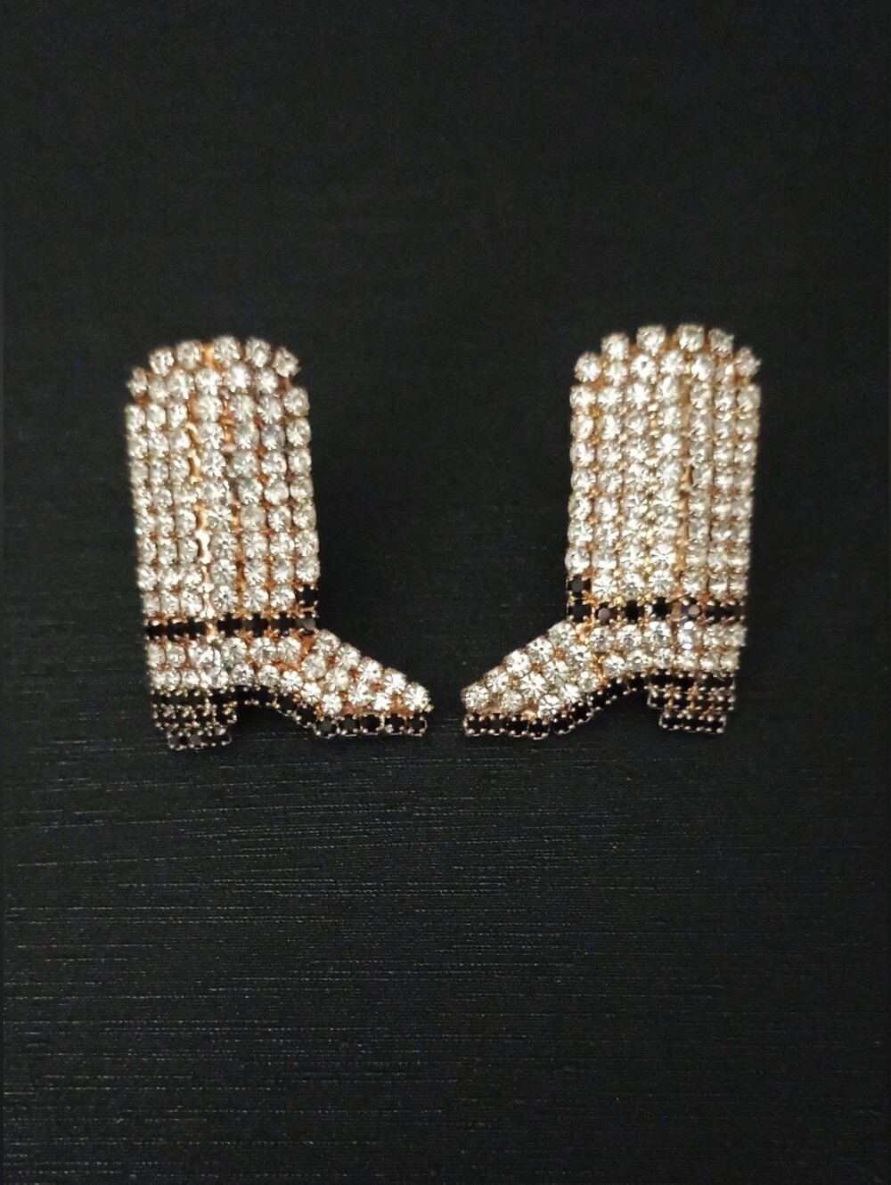 Vintage Rhinestone Cowboy Boot Earrings - Gold and Clear